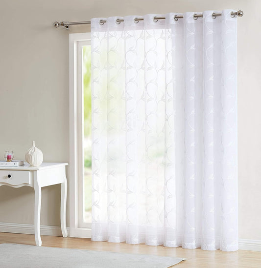 Sheer White Patio Door Curtain with White Leaf Embroidery. Extra Wide Curtains for Patio Doors or Balcony (Maria 102 X 84 White)