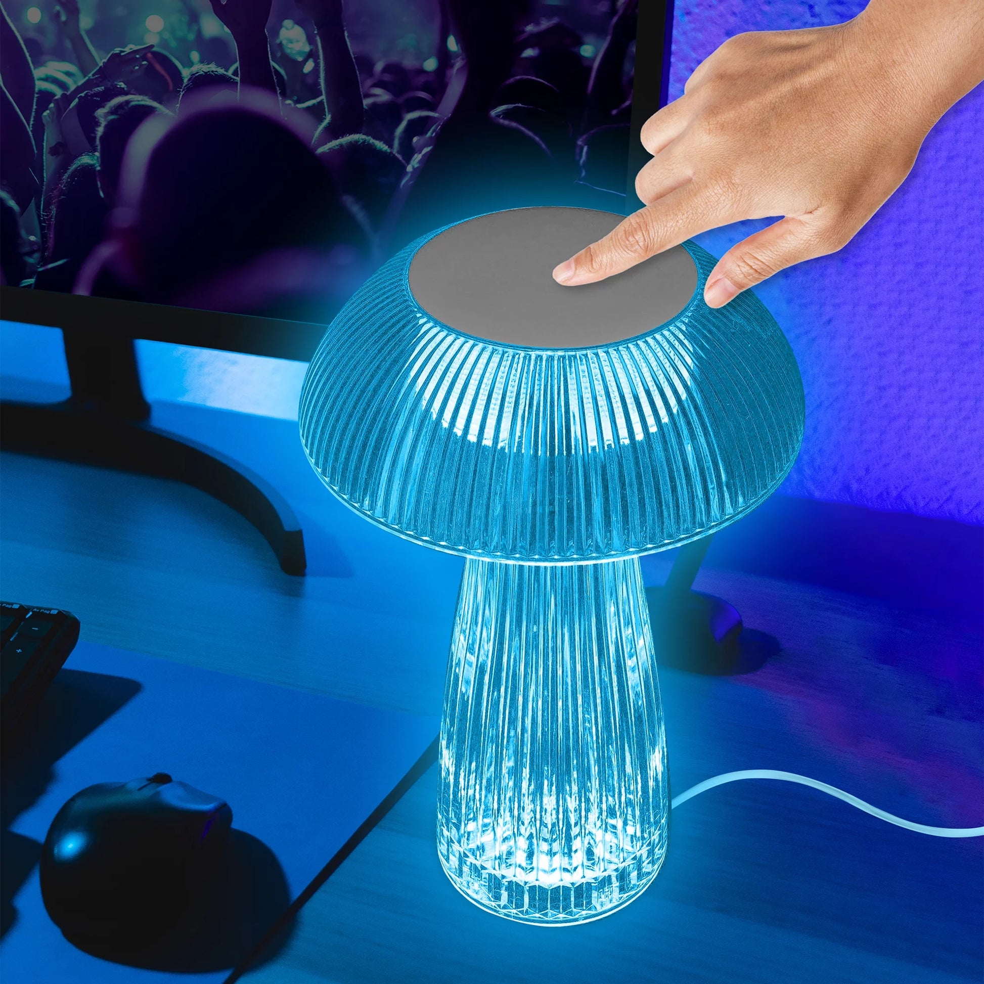 Lit Neon Multi-Color Mushroom LED Tabletop Touch Lamp, with Remote, Crystal Finish