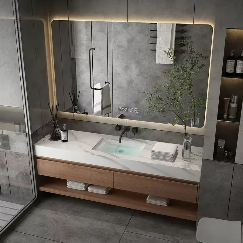 Minimalist Bathroom Cabinet Integrated Rock Plate Ceramic Washbasin Bathroom Vanity Cabinets under Sink Bathroom Furniture