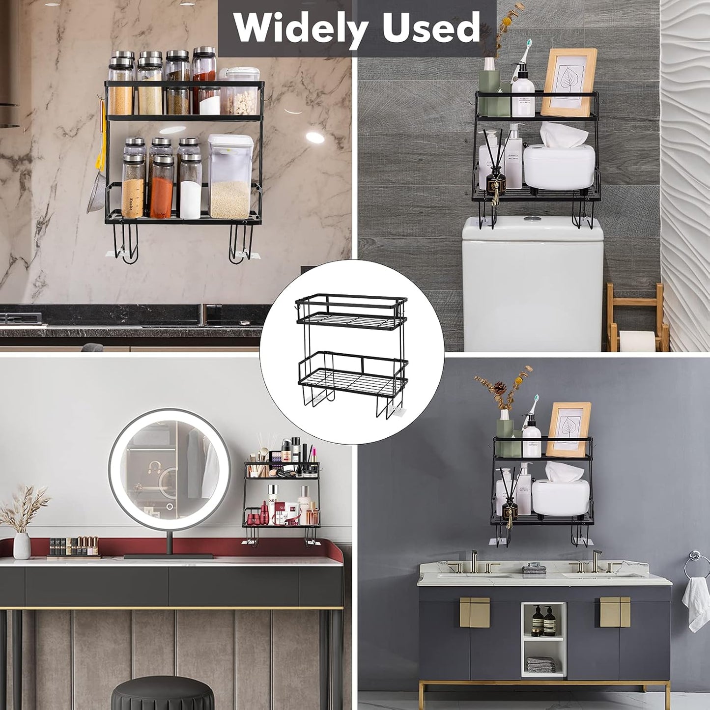 Bathroom over Toilet Storage Shelf, Bathroom Storage, 2 Tier Bathroom Organizer with 4 Hanging Hooks, No Drilling Multipurpose for Bathroom Kitchen (Black)