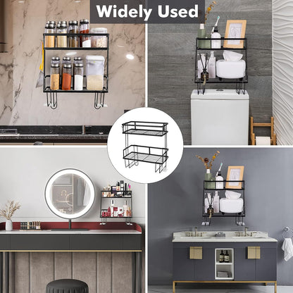 Bathroom over Toilet Storage Shelf, Bathroom Storage, 2 Tier Bathroom Organizer with 4 Hanging Hooks, No Drilling Multipurpose for Bathroom Kitchen (Black)