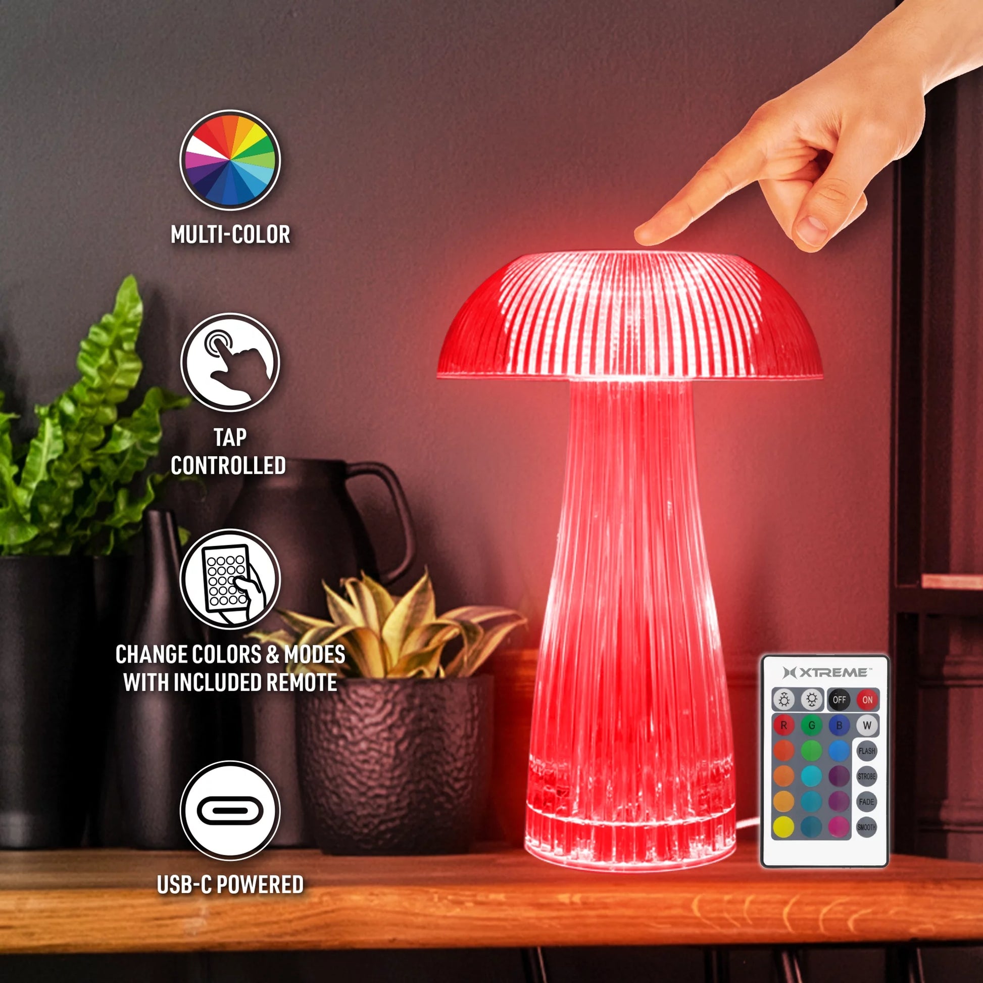 Lit Neon Multi-Color Mushroom LED Tabletop Touch Lamp, with Remote, Crystal Finish