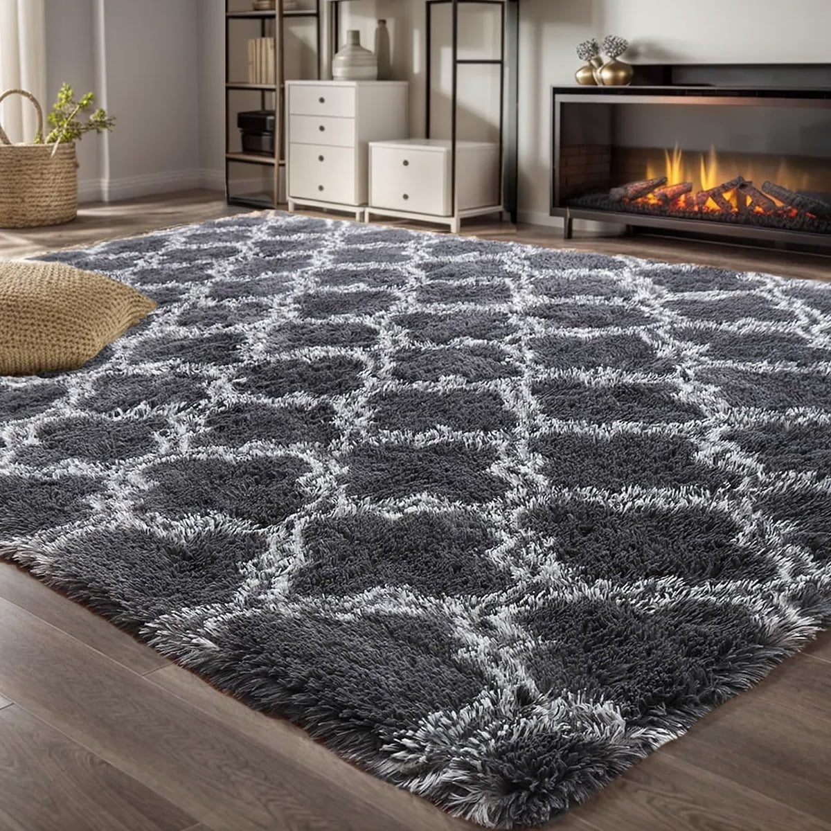 5'X8' Shag Area Rug for Living Room, Diamond Geometric Indoor Area Rug, Fluffy Carpet Plush Rug, Soft Home Floor Bedroom Carpet, Gray
