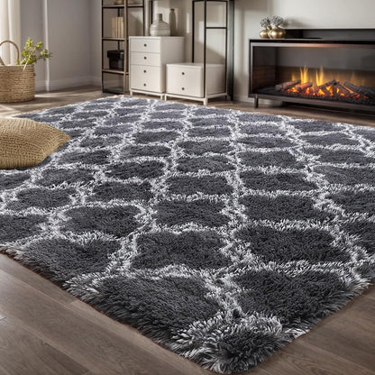 5'X8' Shag Area Rug for Living Room, Diamond Geometric Indoor Area Rug, Fluffy Carpet Plush Rug, Soft Home Floor Bedroom Carpet, Gray