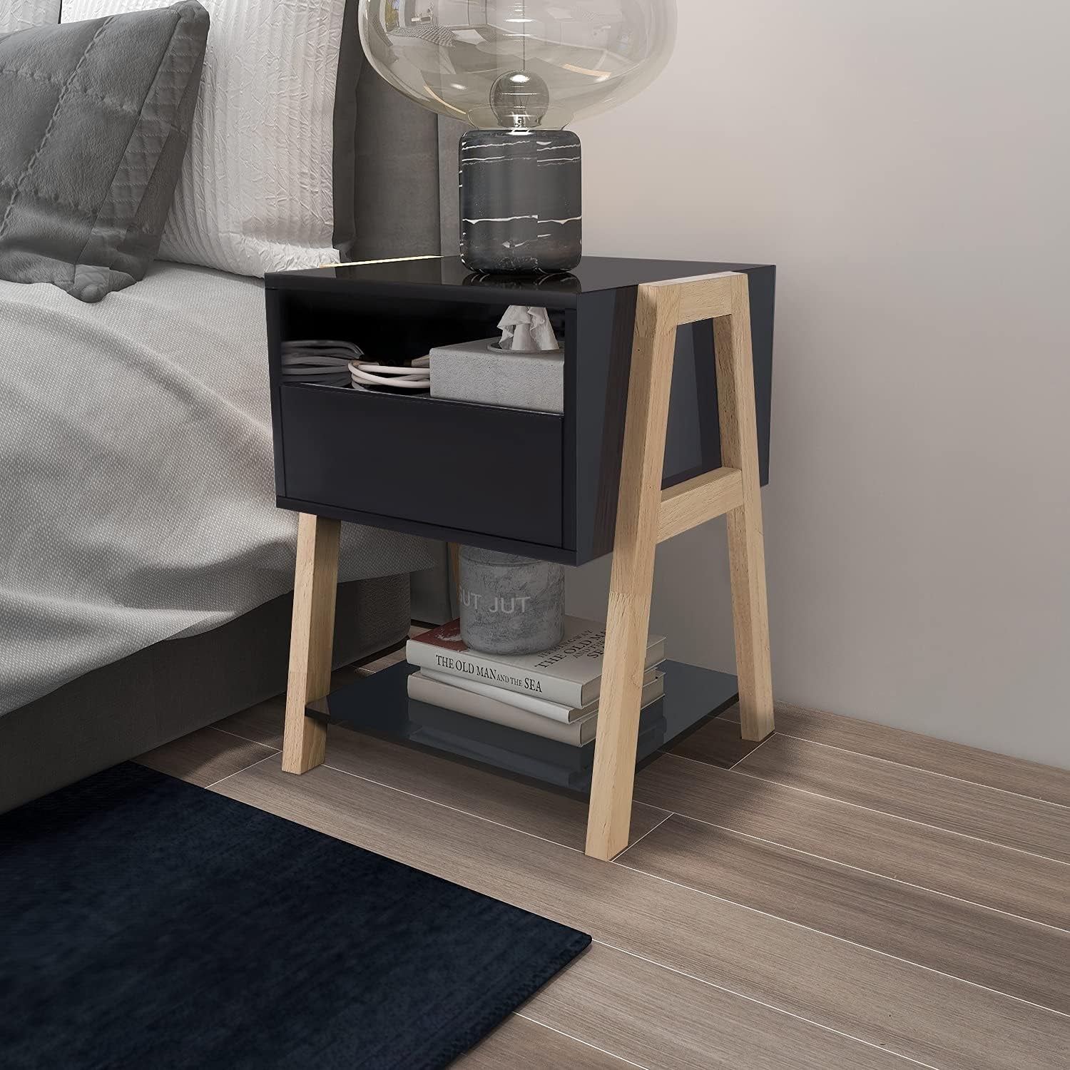 Nightstands Bedroom Set of 2 with Drawer Storage Shelves,Night Stands Side Tables for Living Room/Bedroom/Office,Black