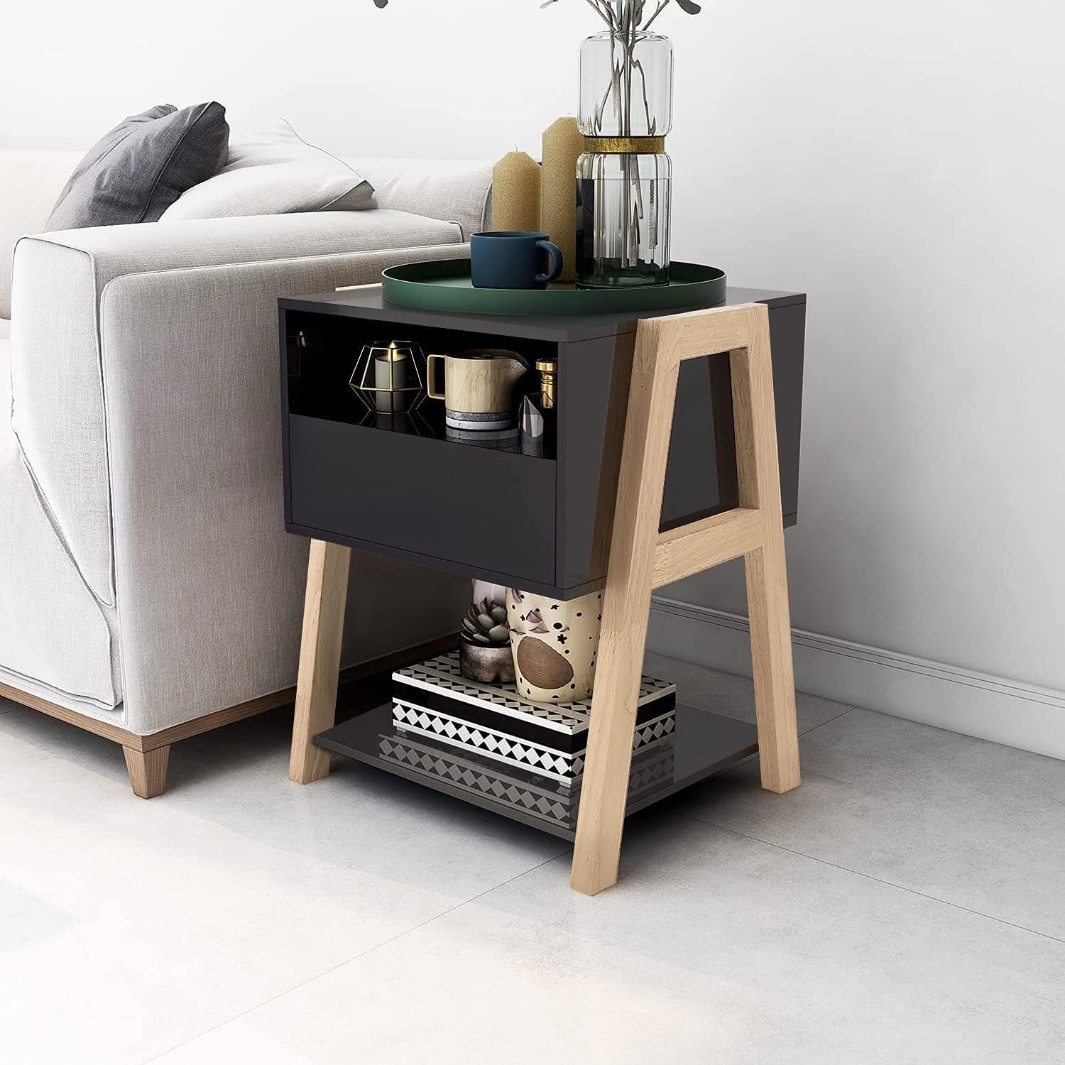 Nightstands Bedroom Set of 2 with Drawer Storage Shelves,Night Stands Side Tables for Living Room/Bedroom/Office,Black
