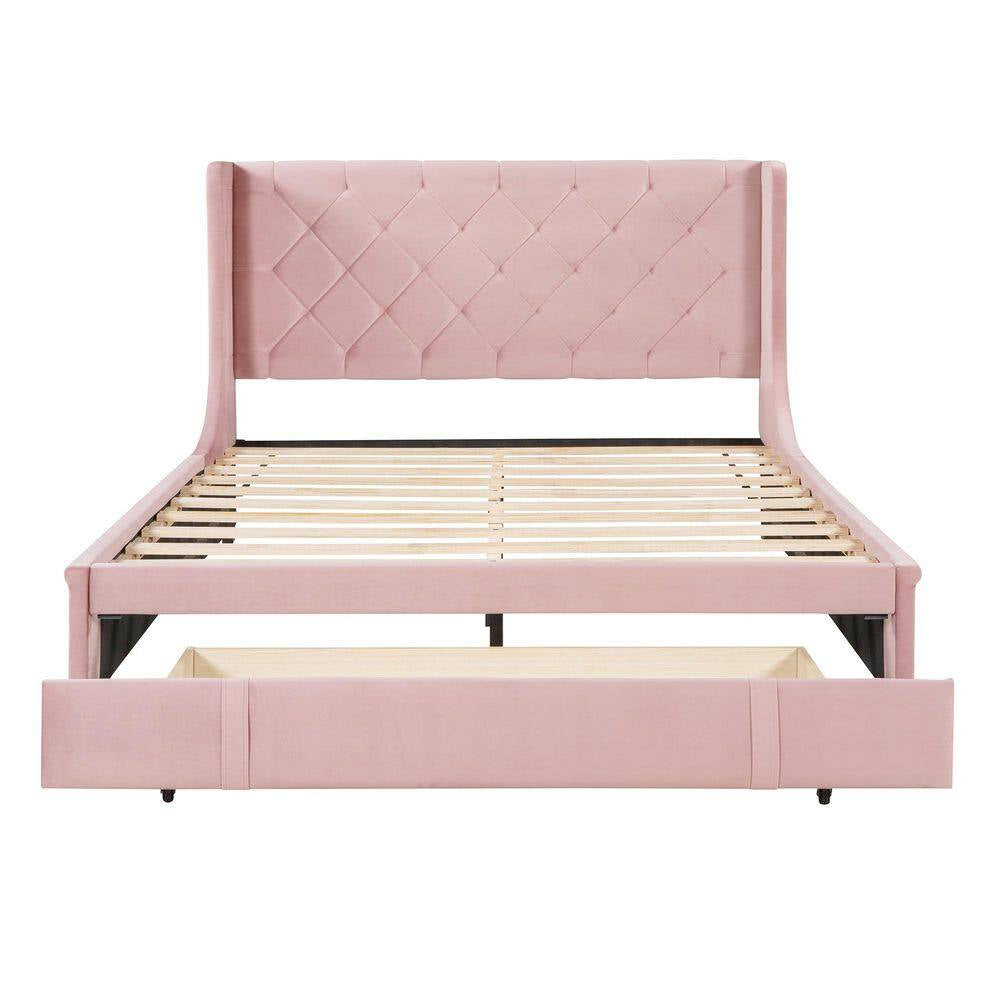 Pink Wood Frame Queen Storage Bed Velvet Upholstered Platform Bed with Wingback Headboard and Drawer
