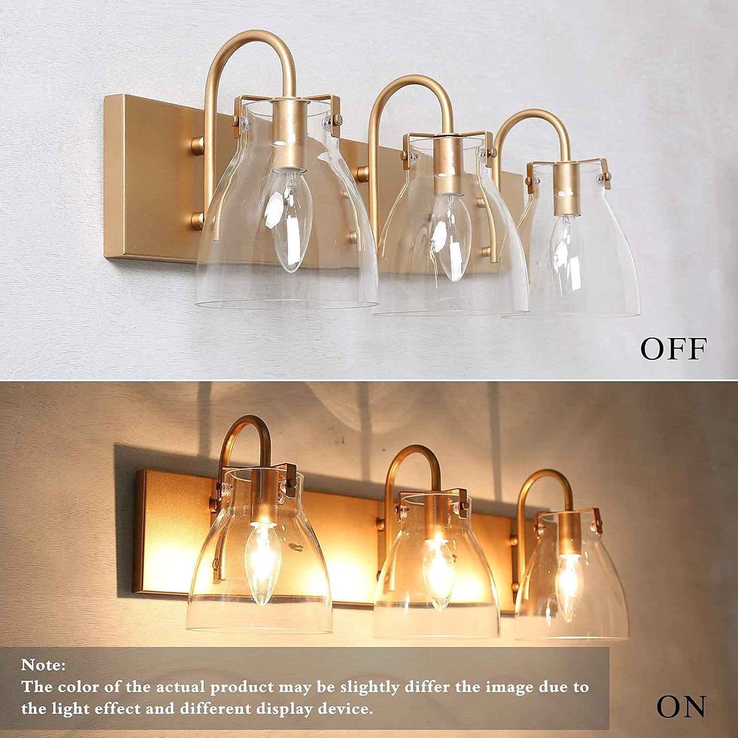 Gold Bathroom Light Fixtures, 3-Light Gold Vanity Lights for Bathroom, Brass Bathroom Vanity Light with Clear Glass Shades, 22 Inches