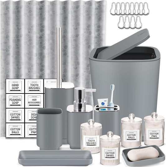 Bathroom Set,22 Piece Bathroom Accessories Set,Grey Shower Curtain,Tray,Soap Dispenser,Toothbrush Holder,Cup,Soap Dish,Toilet Brush,Qtip Holders,Trash Can for Bathroom Décor and Housewarming Gifts