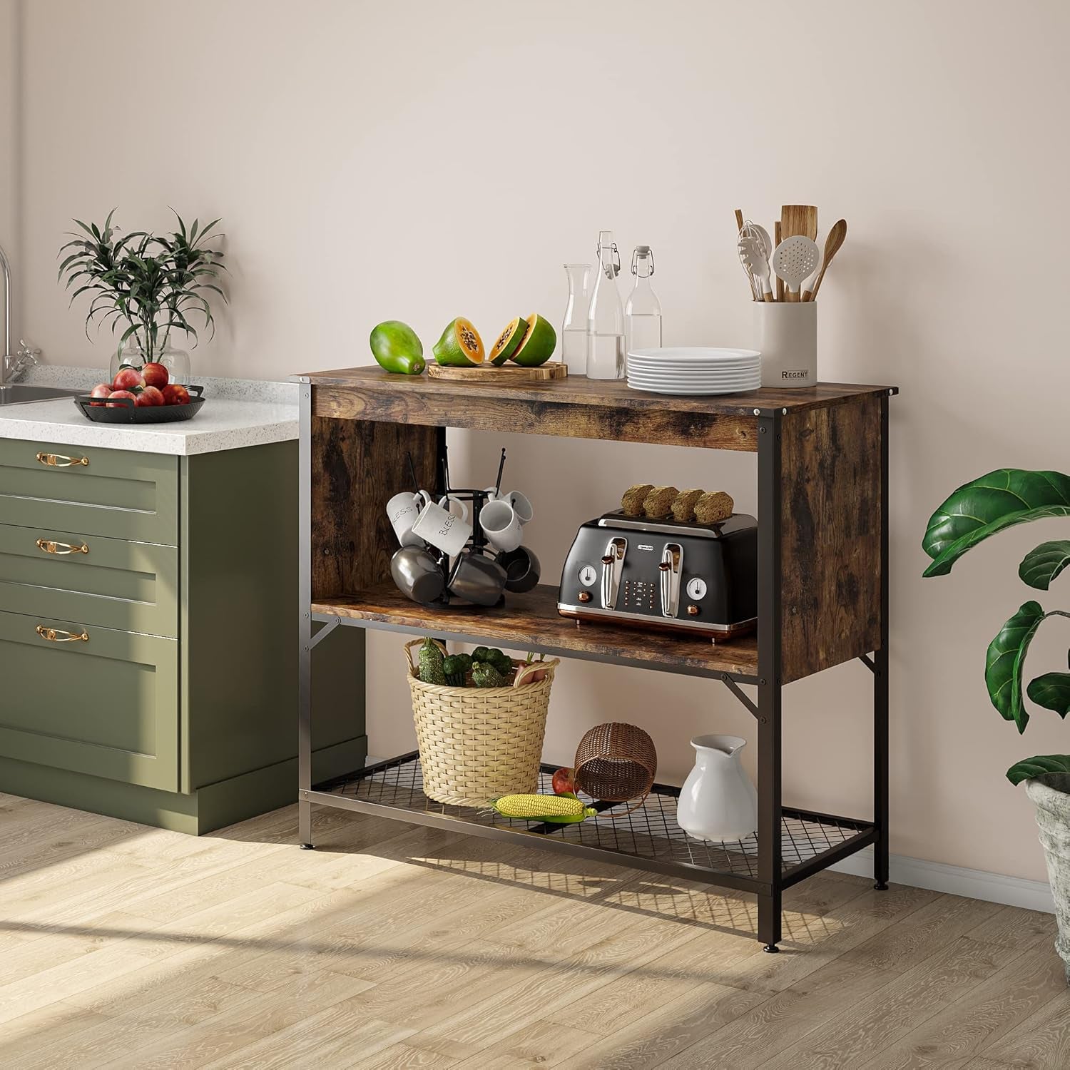 Kitchen Island with Storage Coffee Bar Shelf with Worktop Table Buffet Cabinet Station with Open Shelves Industrial Concole