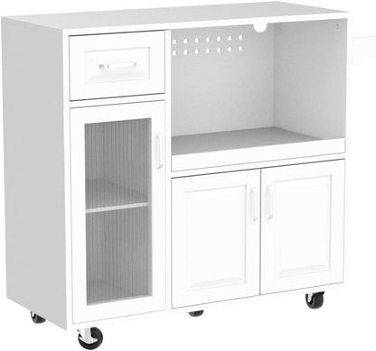 Microwave Stand Cart with Wheels - White Kitchen Island with Microwave Shelf, Rolling Kitchen Cart with Storage