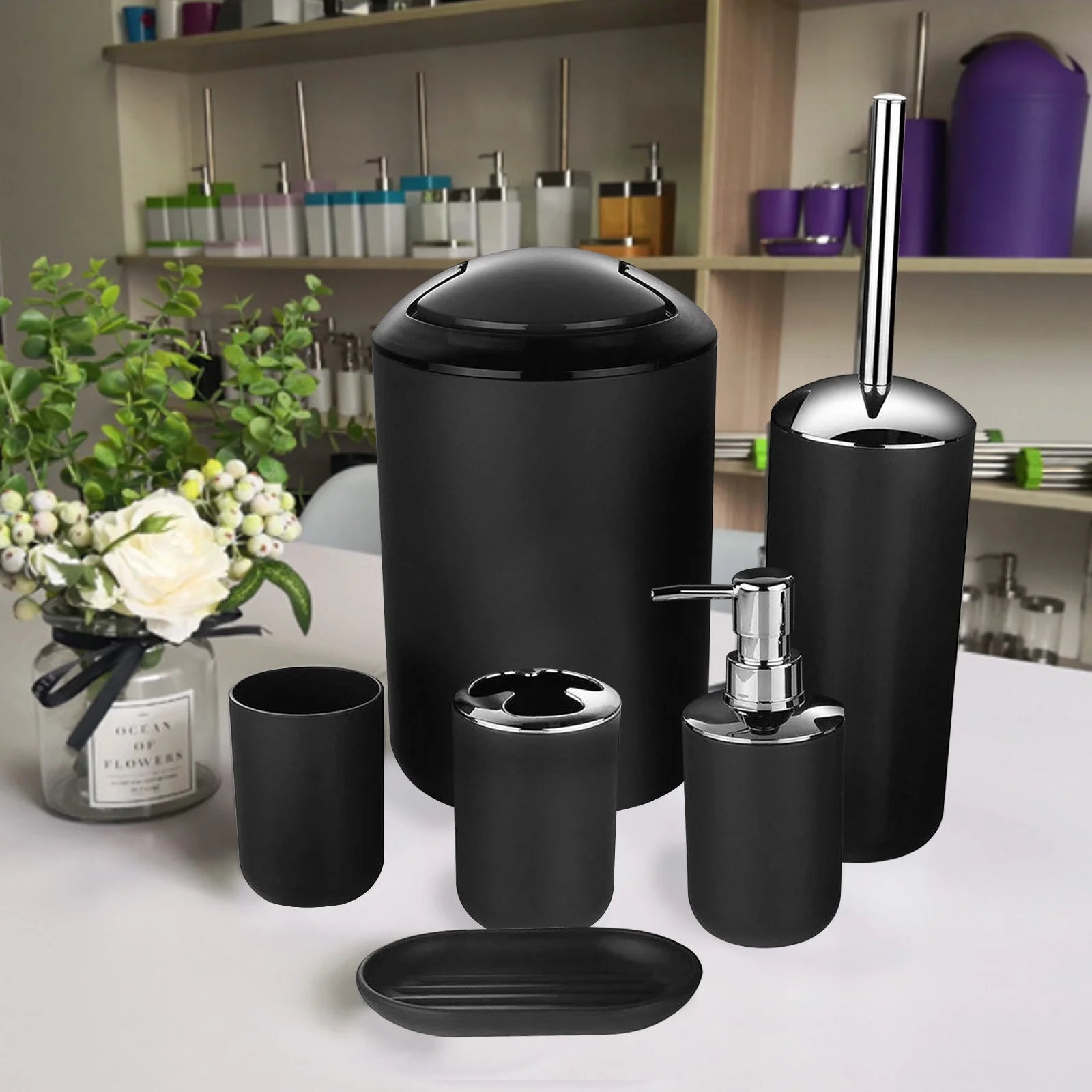 6 Piece Bathroom Accessories Set, Luxury Bath Sets Lotion Dispenser Pump,Toothbrush Holder, Bathroom Tumblers, Soap Dish, Trash Can, Toilet Brush Set for Decorative Countertop and Housewarming Gift