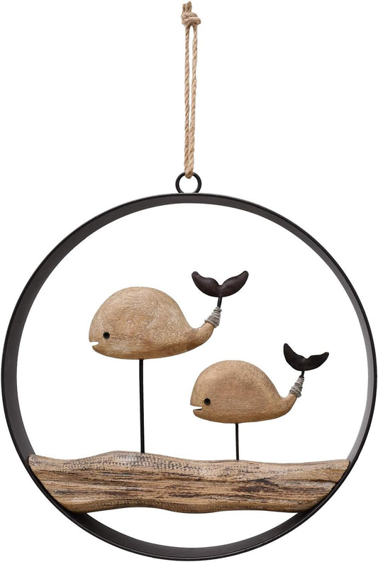 Wooden Whale Decor Hanging Wood Whale Decoration for Wall, Rustic Nautical Whale Decor Beach Theme Home Decoration Whale Sculpture Home Decor for Bathroom Bedroom Lake House Decoration (Rustic Whale)