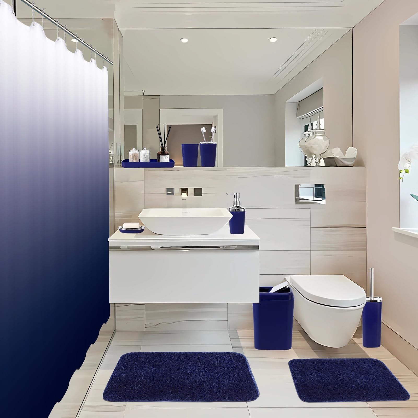24PC Navy Blue Bathroom Set with Shower Curtain and Rugs, Blue Bathroom Sets ...