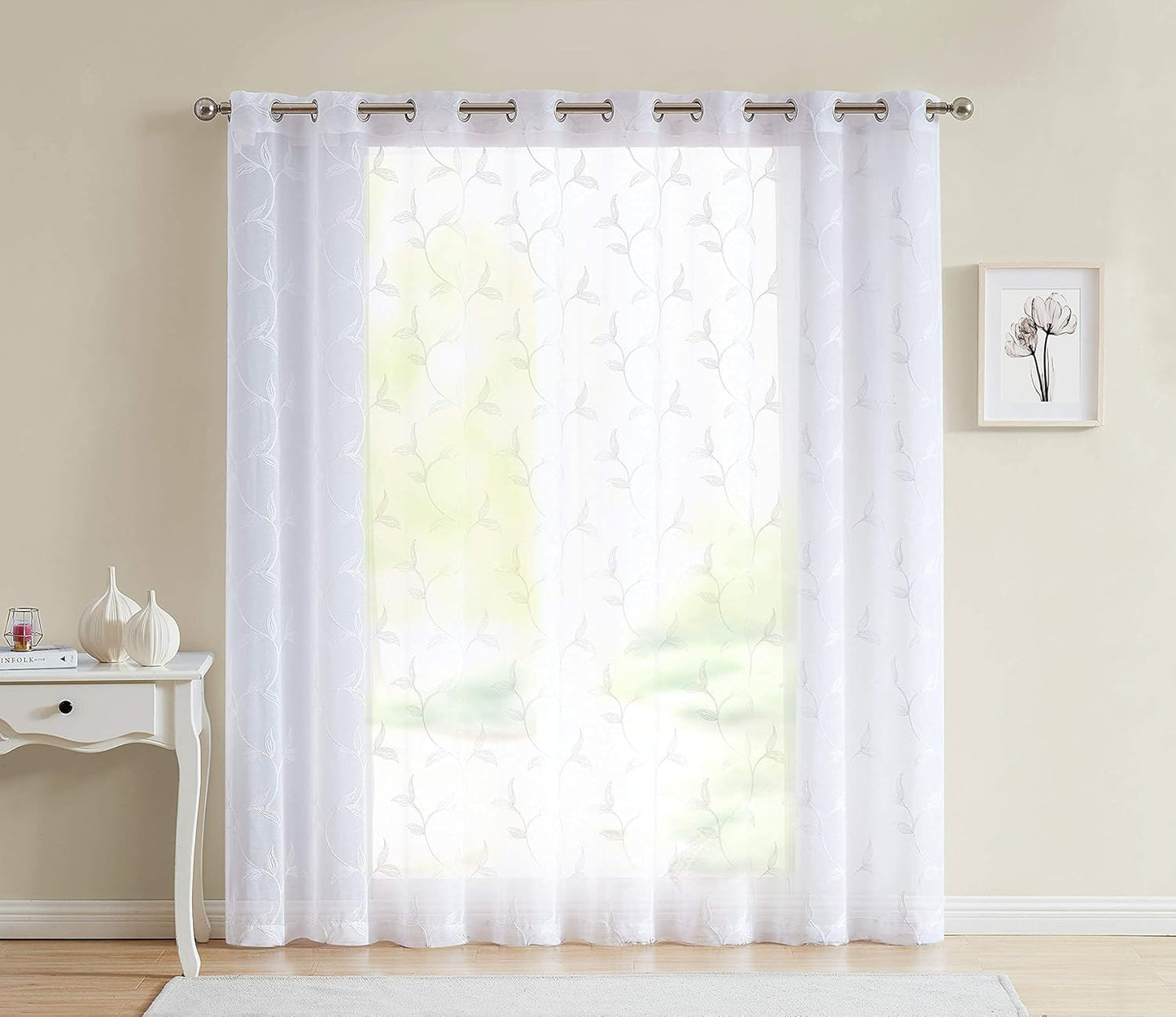Sheer White Patio Door Curtain with White Leaf Embroidery. Extra Wide Curtains for Patio Doors or Balcony (Maria 102 X 84 White)