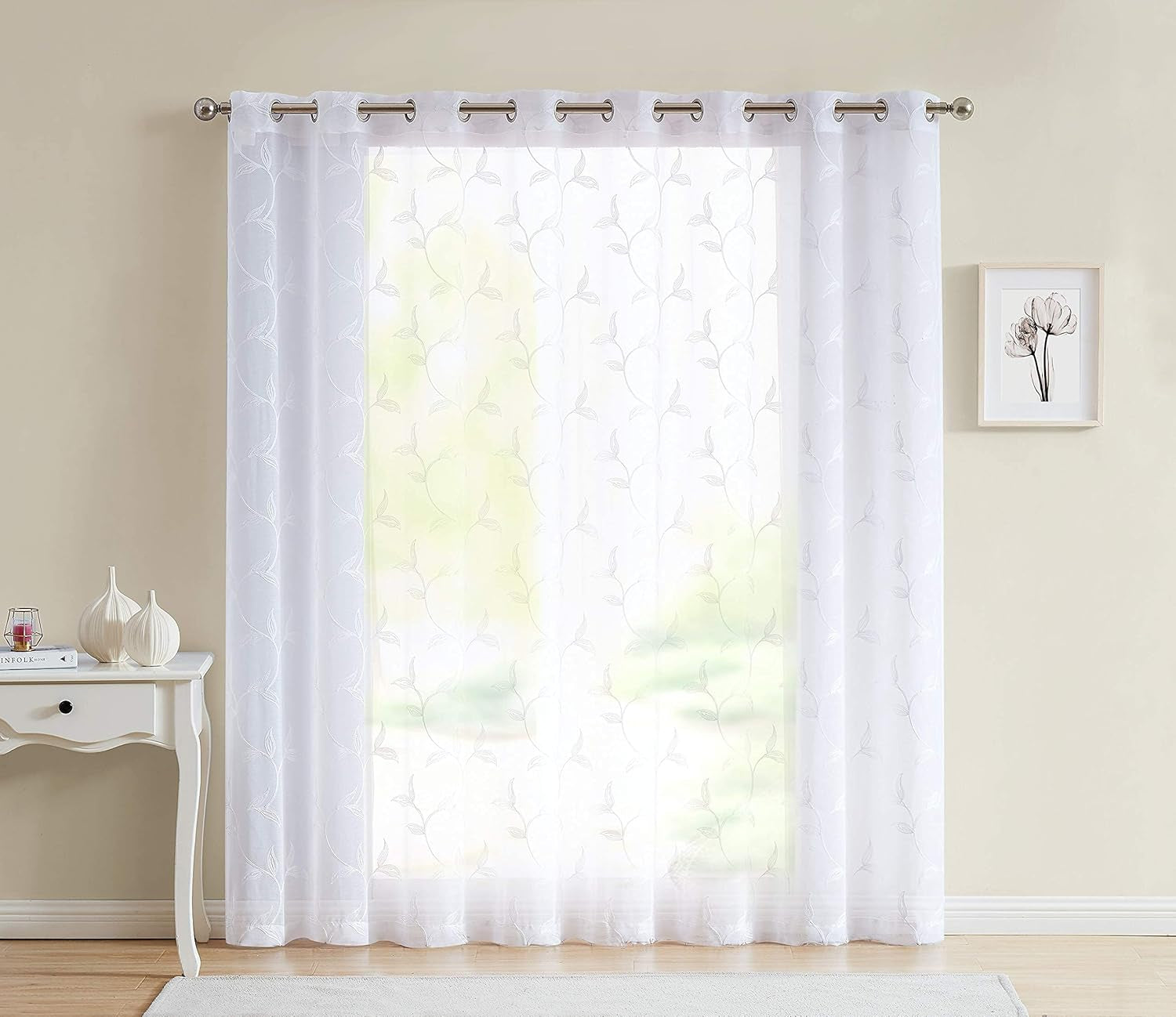 Sheer White Patio Door Curtain with White Leaf Embroidery. Extra Wide Curtains for Patio Doors or Balcony (Maria 102 X 84 White)