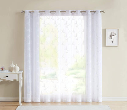 Sheer White Patio Door Curtain with White Leaf Embroidery. Extra Wide Curtains for Patio Doors or Balcony (Maria 102 X 84 White)