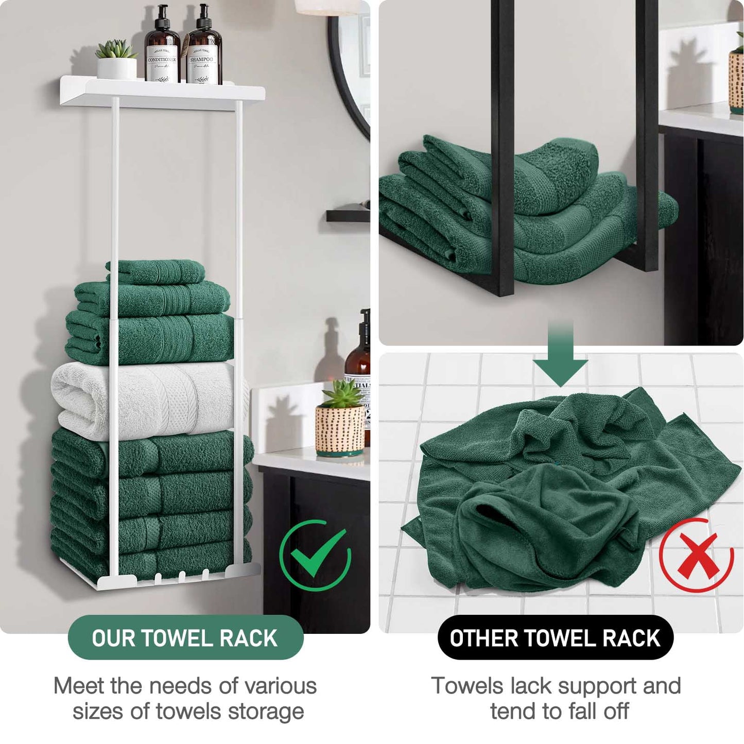 Wall Towel Rack for Rolled Towels, New Upgrade Towel Racks for Bathroom Wall Mounted, Bathroom Bar Towel Storage, Metal Bath Towel Holder for Folded Large Towel Washcloths, White