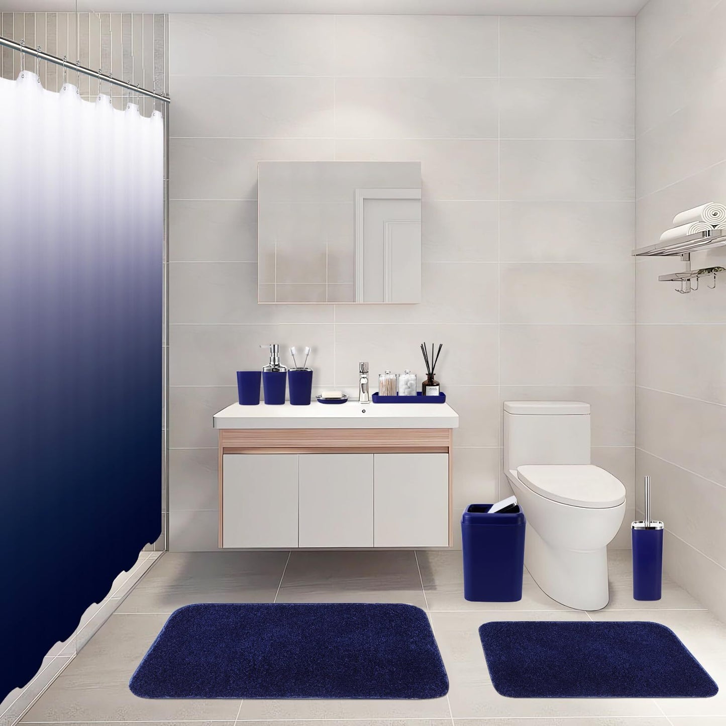 24PC Navy Blue Bathroom Set with Shower Curtain and Rugs, Blue Bathroom Sets ...