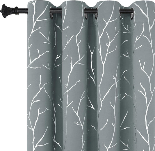 Blackout Curtains 84 Inch Length 2 Panels Set, Grey Curtains for Bedroom, Foil Tree Branches Print Geometric Grommet Top Drapes Energy - Saving Curtain, Light Grey, 52W X 84L