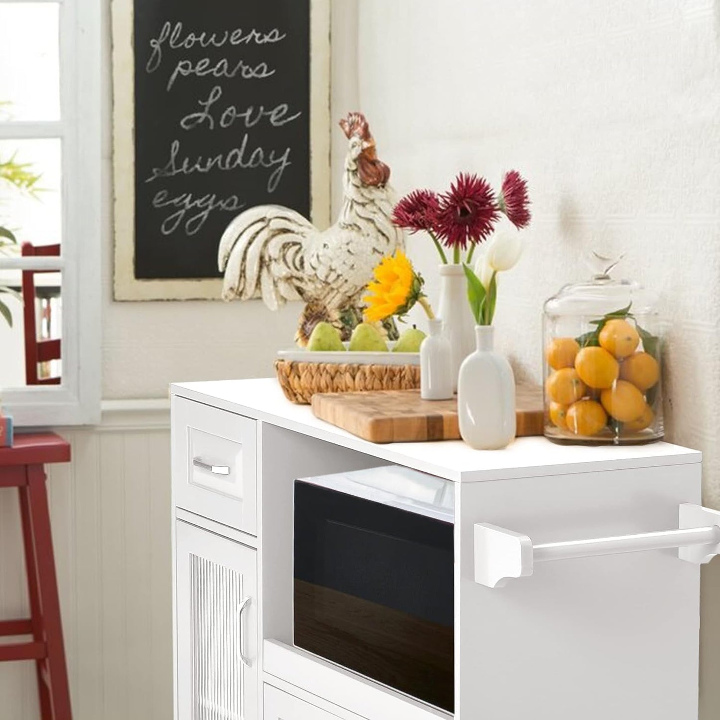 Microwave Stand Cart with Wheels - White Kitchen Island with Microwave Shelf, Rolling Kitchen Cart with Storage