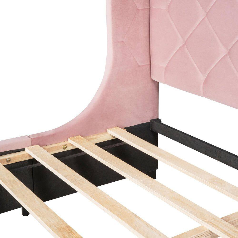 Pink Wood Frame Queen Storage Bed Velvet Upholstered Platform Bed with Wingback Headboard and Drawer
