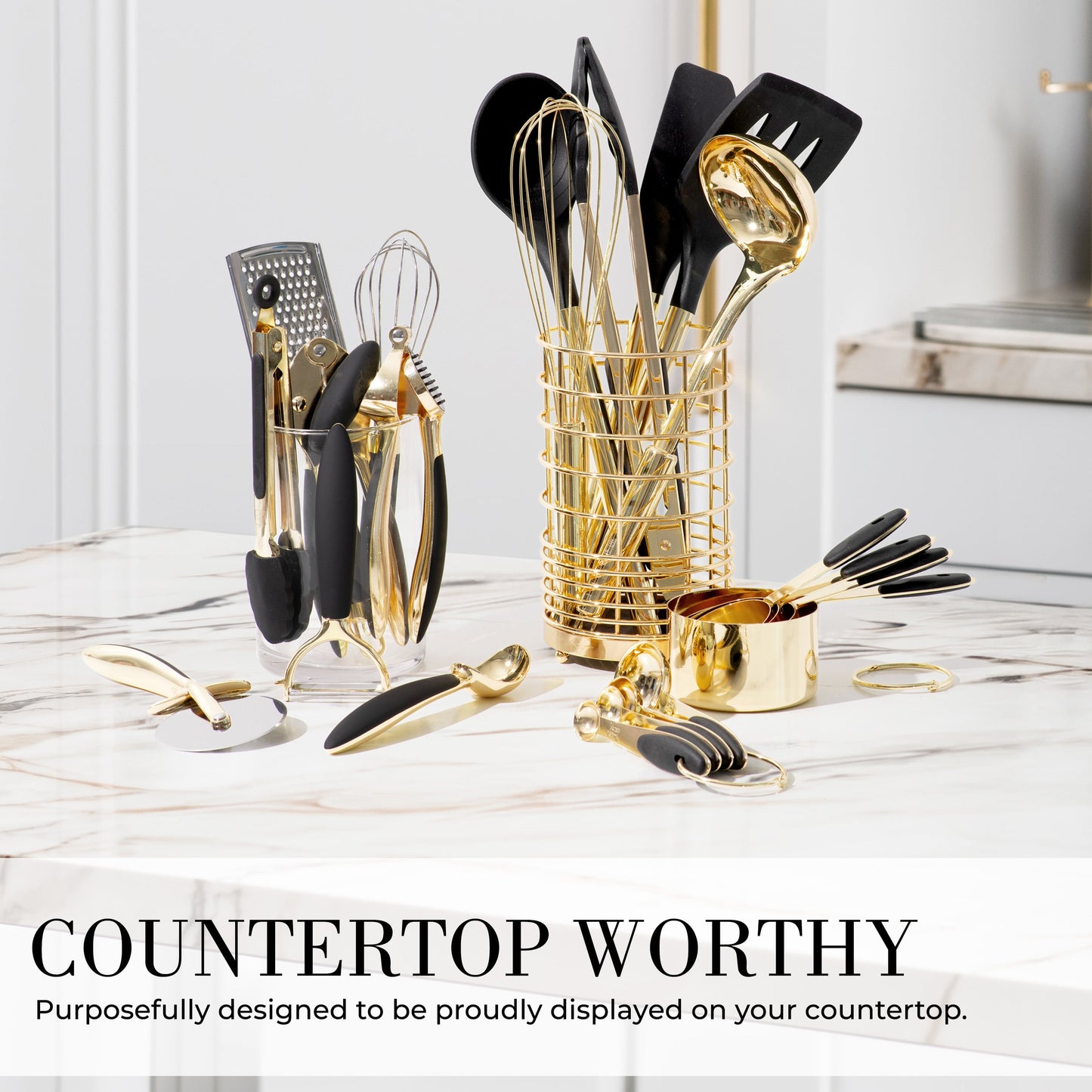 Black and Gold Kitchen Utensils Set - 23 Piece Luxe Black and Gold Kitchen Accessories Include Gold Measuring Cups and Spoons, Silicone Cooking Utensils, and Gold Kitchen Tools