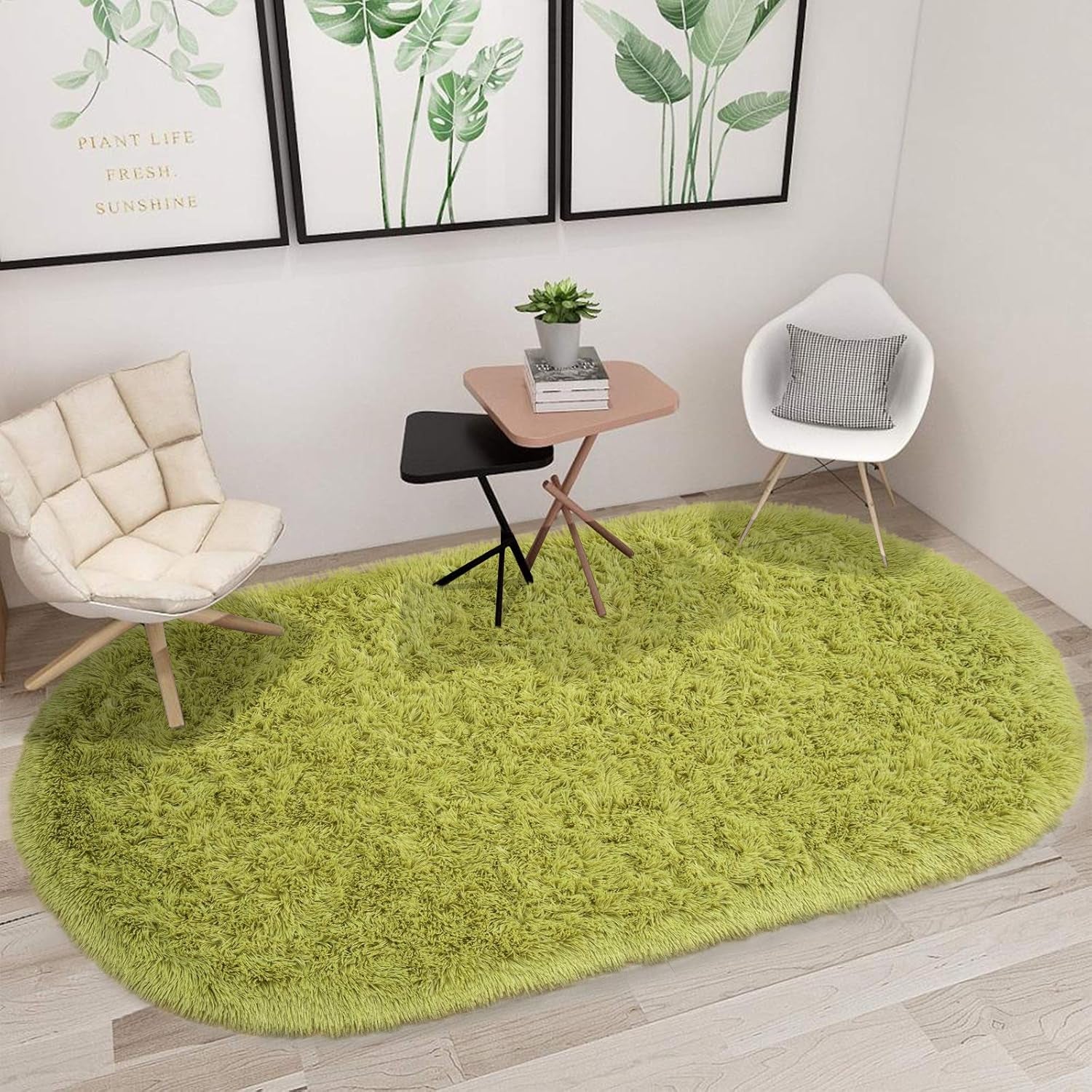 Ultra Soft Washable Shaggy Rug - Non-Slip Oval Carpet for Nursery, Kids Bedroom & Home Decor (2.6X5.3Ft Green) | Plush Fluffy Floor Mat for Cozy Living Spaces