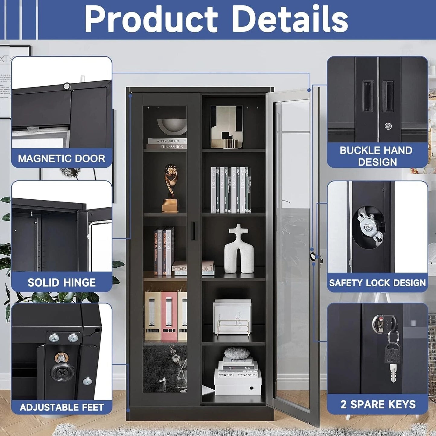 Display Case with Glass Doors, Collectibles 15.8"D X 31.5"W X 71"H Black, Metal