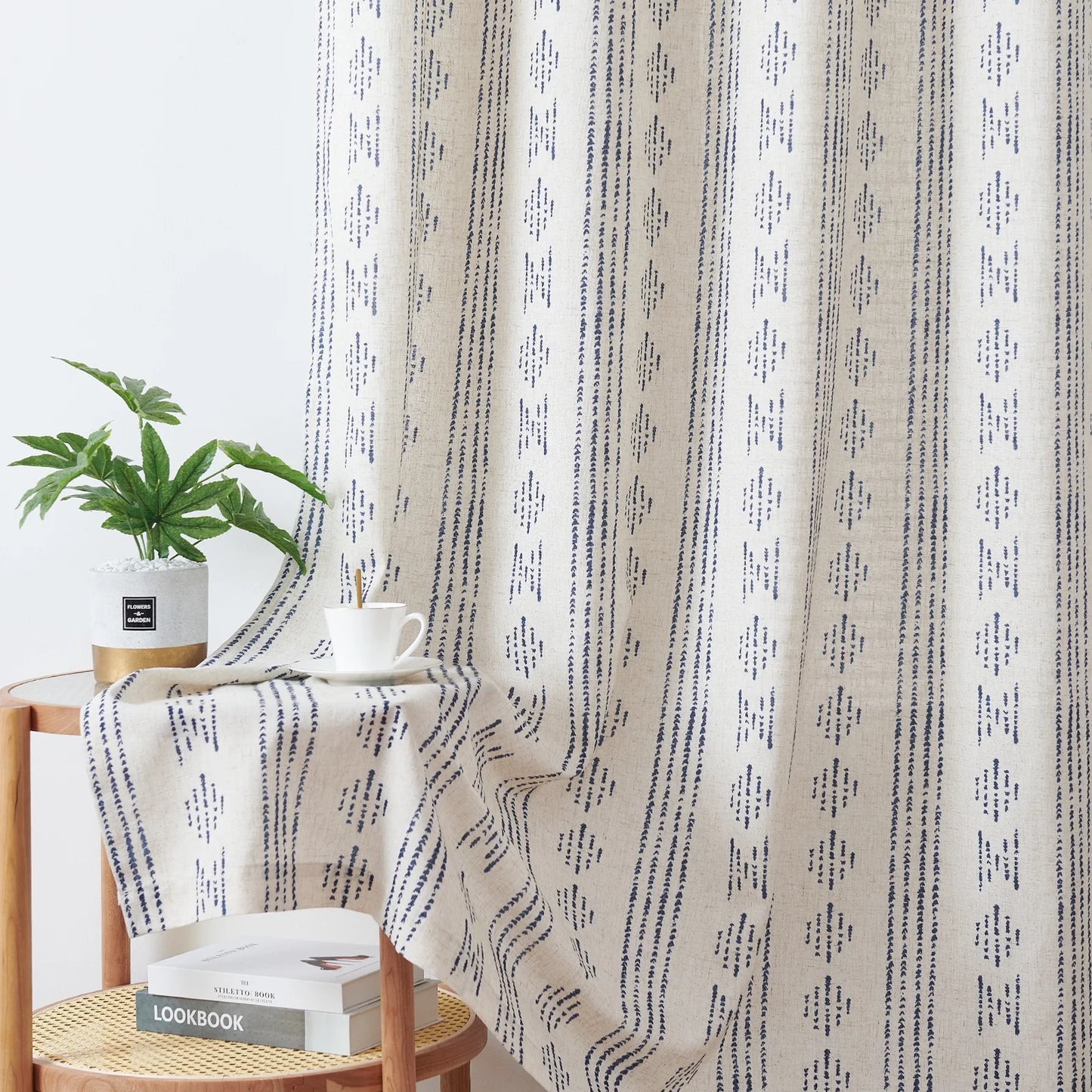 Bedroom Curtains 52X96 Inch Curtains Geometric Striped Blue Curtains in 2 Panels Linen Curtains for Bedroom
