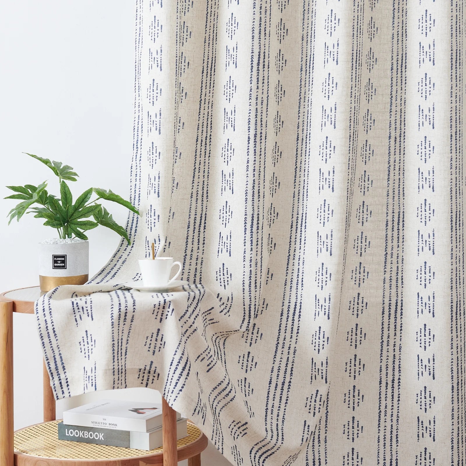 Bedroom Curtains 52X96 Inch Curtains Geometric Striped Blue Curtains in 2 Panels Linen Curtains for Bedroom