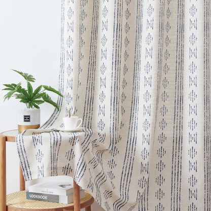 Bedroom Curtains 52X96 Inch Curtains Geometric Striped Blue Curtains in 2 Panels Linen Curtains for Bedroom