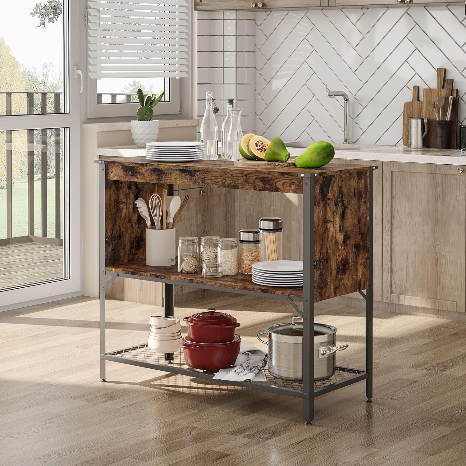 Kitchen Island with Storage Coffee Bar Shelf with Worktop Table Buffet Cabinet Station with Open Shelves Industrial Concole