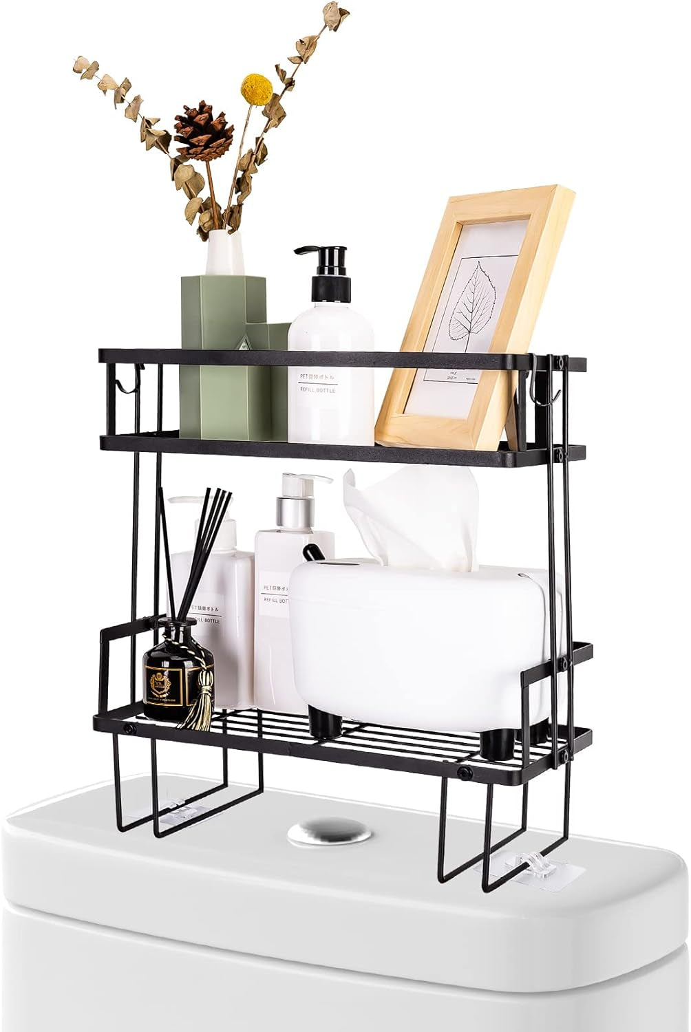 Bathroom over Toilet Storage Shelf, Bathroom Storage, 2 Tier Bathroom Organizer with 4 Hanging Hooks, No Drilling Multipurpose for Bathroom Kitchen (Black)