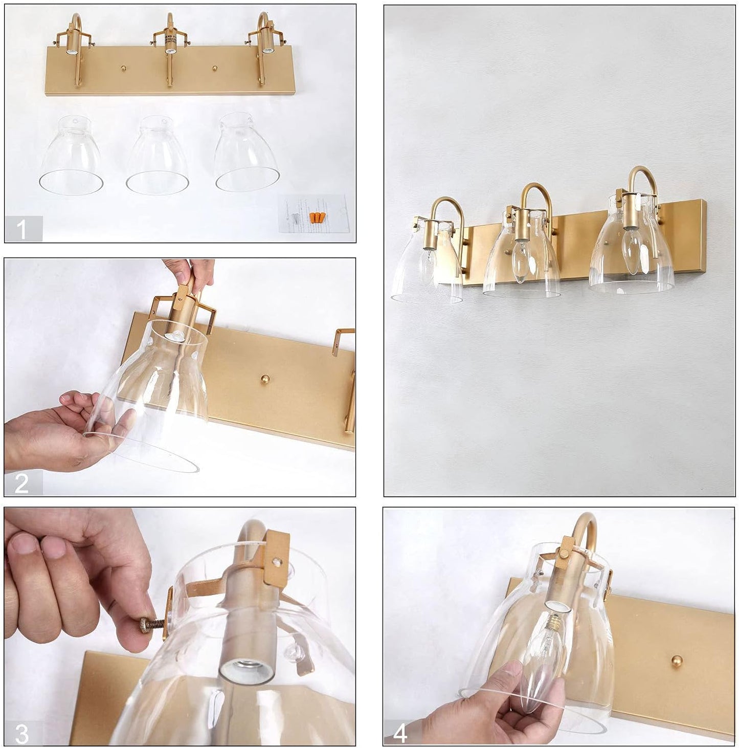 Gold Bathroom Light Fixtures, 3-Light Gold Vanity Lights for Bathroom, Brass Bathroom Vanity Light with Clear Glass Shades, 22 Inches