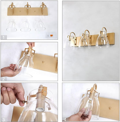 Gold Bathroom Light Fixtures, 3-Light Gold Vanity Lights for Bathroom, Brass Bathroom Vanity Light with Clear Glass Shades, 22 Inches