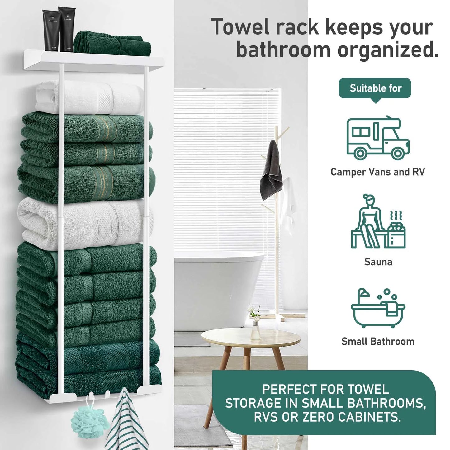 Wall Towel Rack for Rolled Towels, New Upgrade Towel Racks for Bathroom Wall Mounted, Bathroom Bar Towel Storage, Metal Bath Towel Holder for Folded Large Towel Washcloths, White