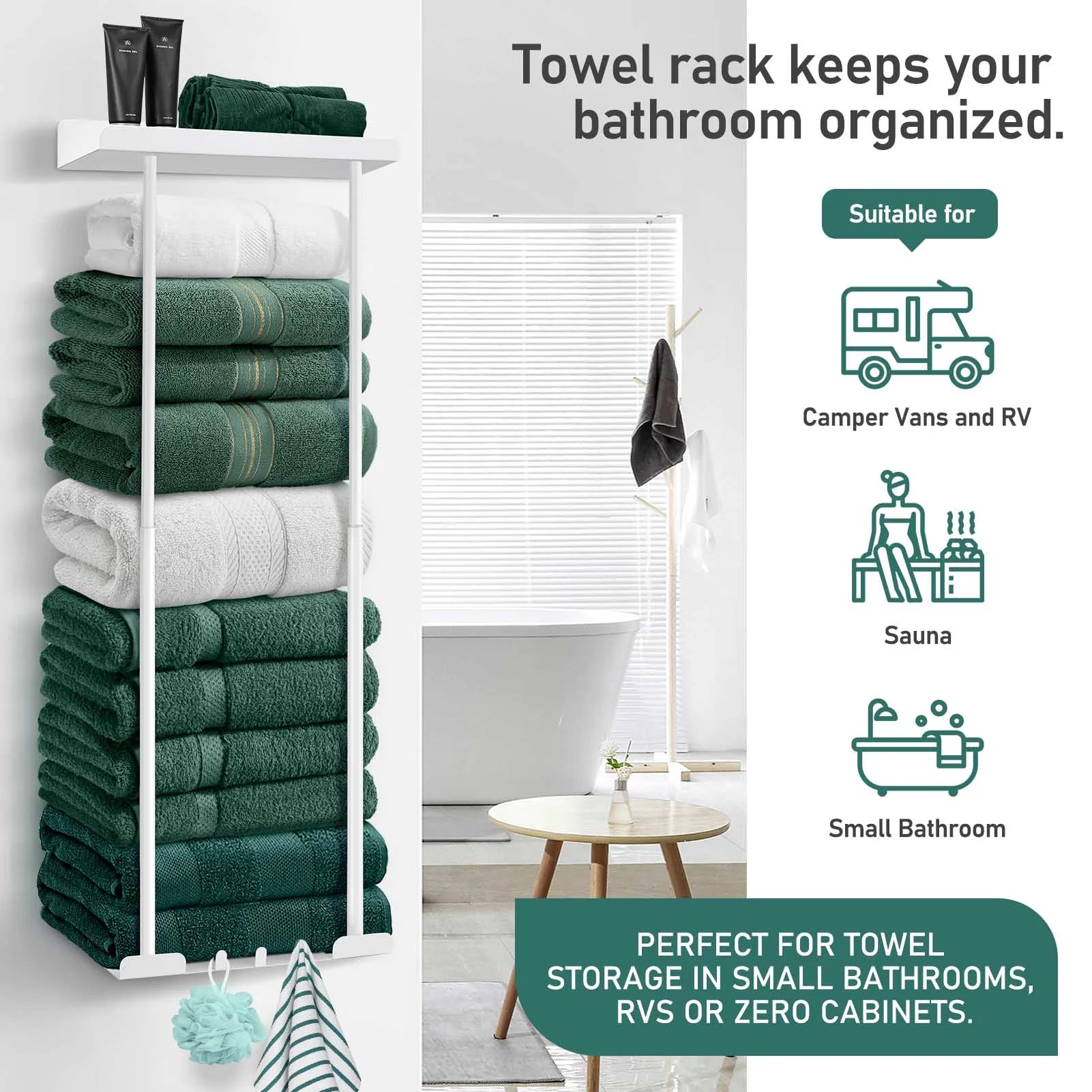 Wall Towel Rack for Rolled Towels, New Upgrade Towel Racks for Bathroom Wall Mounted, Bathroom Bar Towel Storage, Metal Bath Towel Holder for Folded Large Towel Washcloths, White