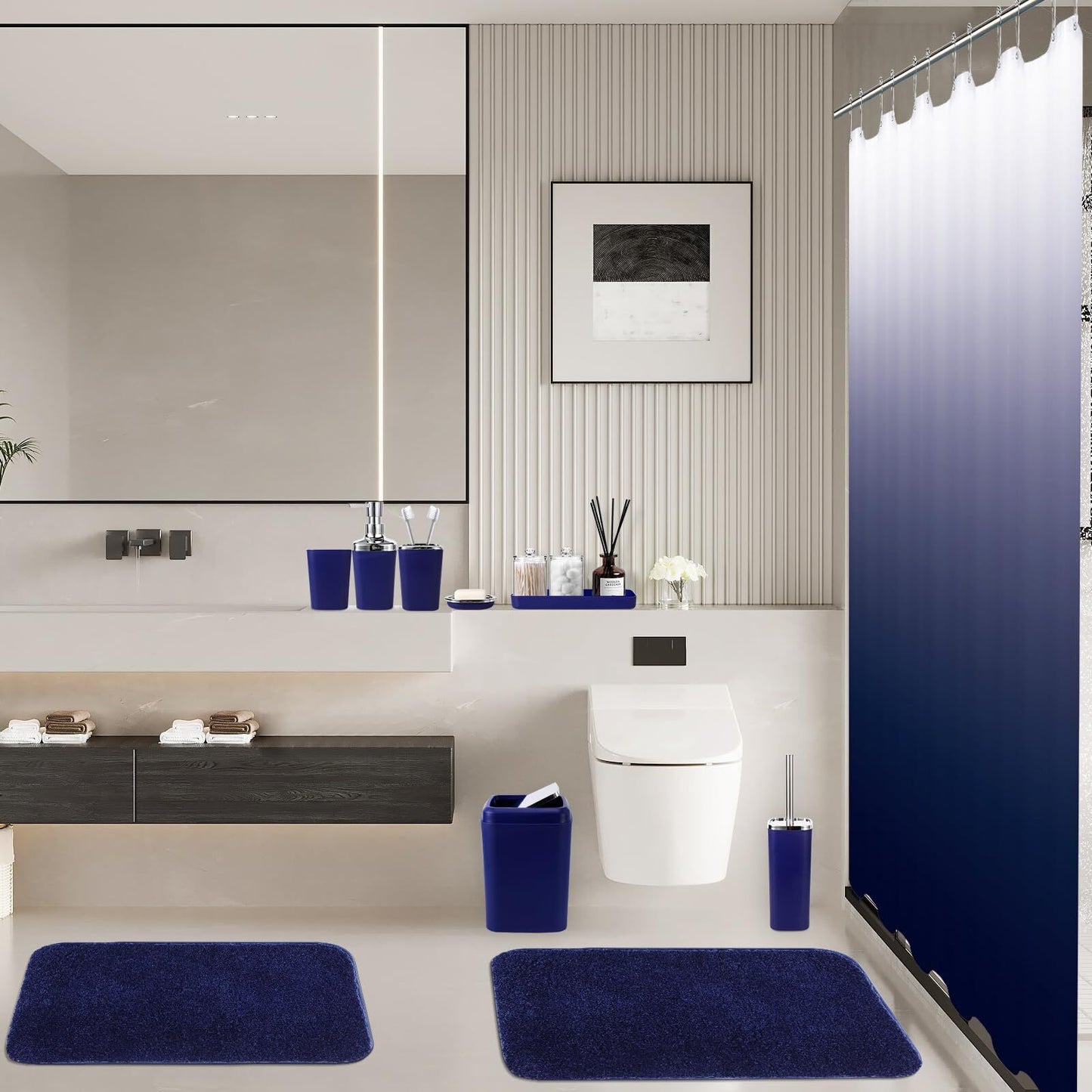 24PC Navy Blue Bathroom Set with Shower Curtain and Rugs, Blue Bathroom Sets ...
