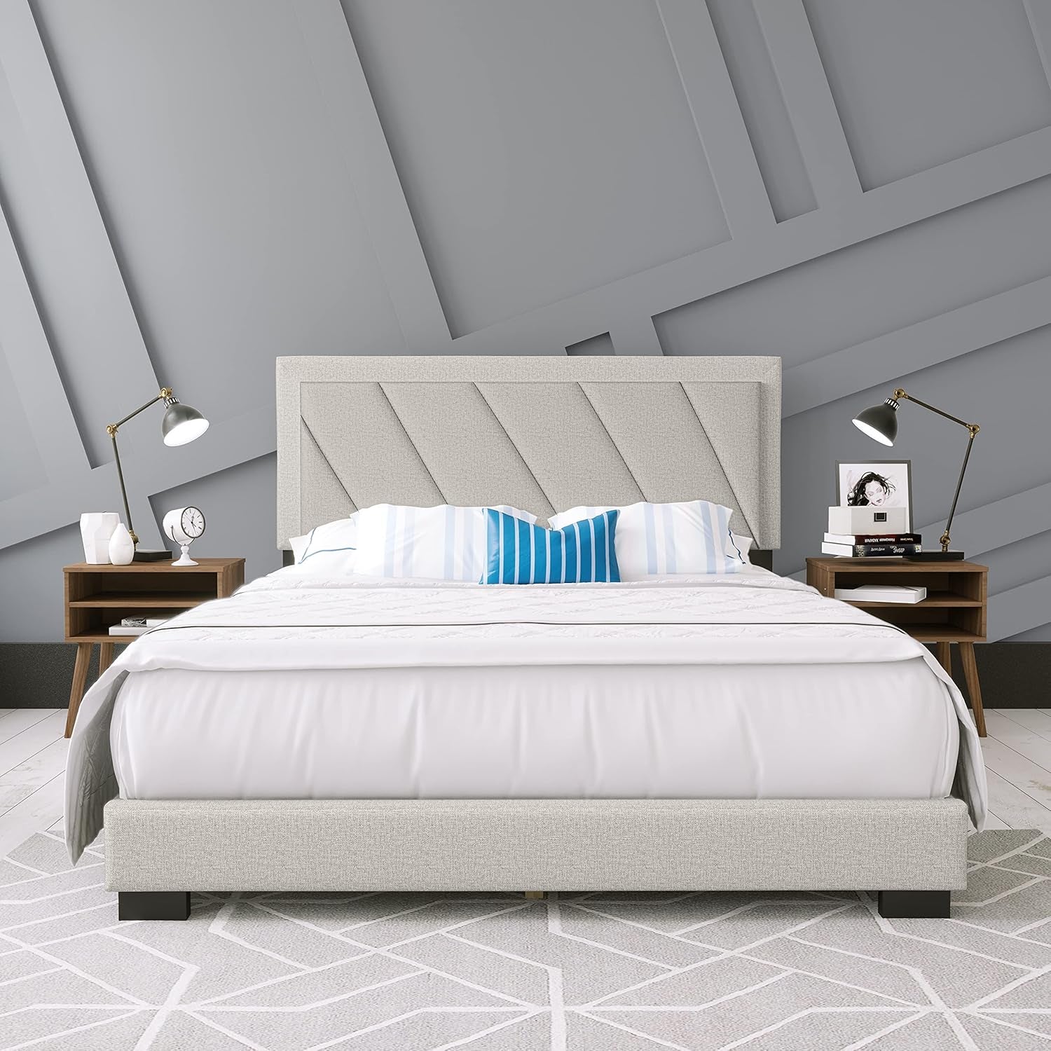 Diagonal King Size, White Linen Upholstered Platform Bed with Adjustable Headboard - Qualified Box Spring or Foundation Required for Use