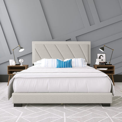 Diagonal King Size, White Linen Upholstered Platform Bed with Adjustable Headboard - Qualified Box Spring or Foundation Required for Use