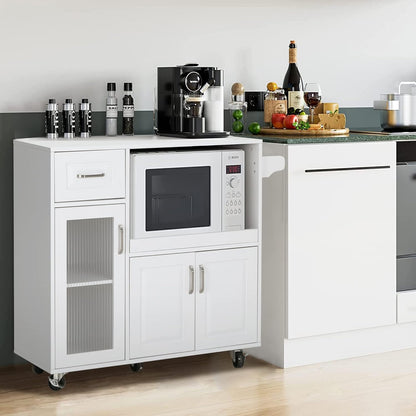 Microwave Stand Cart with Wheels - White Kitchen Island with Microwave Shelf, Rolling Kitchen Cart with Storage