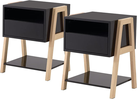Nightstands Bedroom Set of 2 with Drawer Storage Shelves,Night Stands Side Tables for Living Room/Bedroom/Office,Black