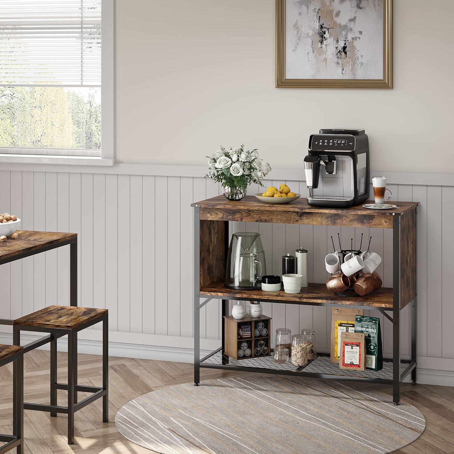 Kitchen Island with Storage Coffee Bar Shelf with Worktop Table Buffet Cabinet Station with Open Shelves Industrial Concole