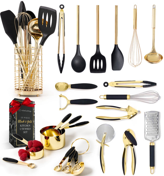 Black and Gold Kitchen Utensils Set - 23 Piece Luxe Black and Gold Kitchen Accessories Include Gold Measuring Cups and Spoons, Silicone Cooking Utensils, and Gold Kitchen Tools