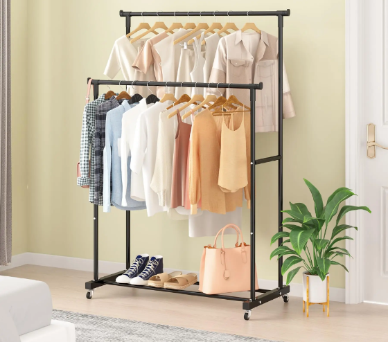 Double-Rod Clothes Rack Clothes Rack with Hooks Hanging Clothe Organizer for Bedroom Movable Bedroom Clothing Hanger with Wheels