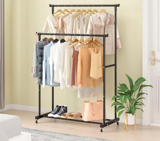 Double-Rod Clothes Rack Clothes Rack with Hooks Hanging Clothe Organizer for Bedroom Movable Bedroom Clothing Hanger with Wheels
