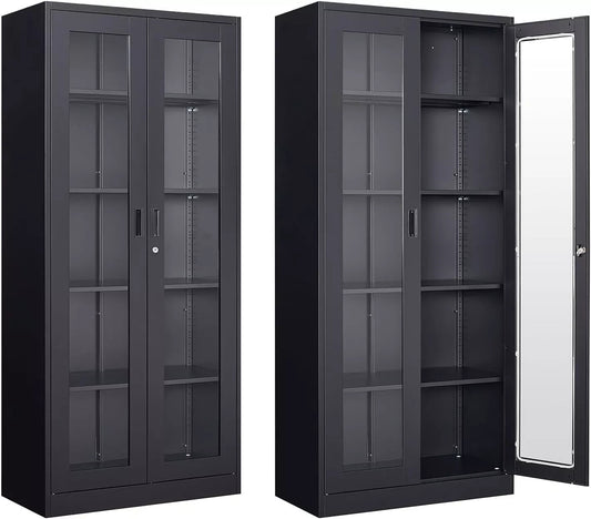 Display Case with Glass Doors, Collectibles 15.8"D X 31.5"W X 71"H Black, Metal