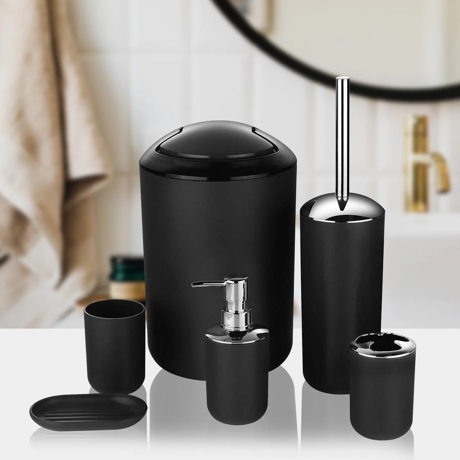 6 Piece Bathroom Accessories Set, Luxury Bath Sets Lotion Dispenser Pump,Toothbrush Holder, Bathroom Tumblers, Soap Dish, Trash Can, Toilet Brush Set for Decorative Countertop and Housewarming Gift