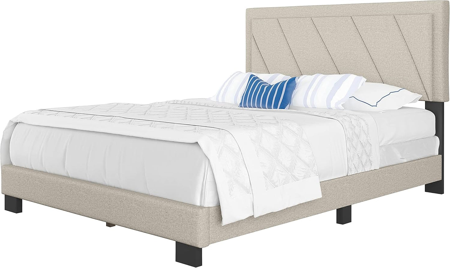 Diagonal King Size, White Linen Upholstered Platform Bed with Adjustable Headboard - Qualified Box Spring or Foundation Required for Use